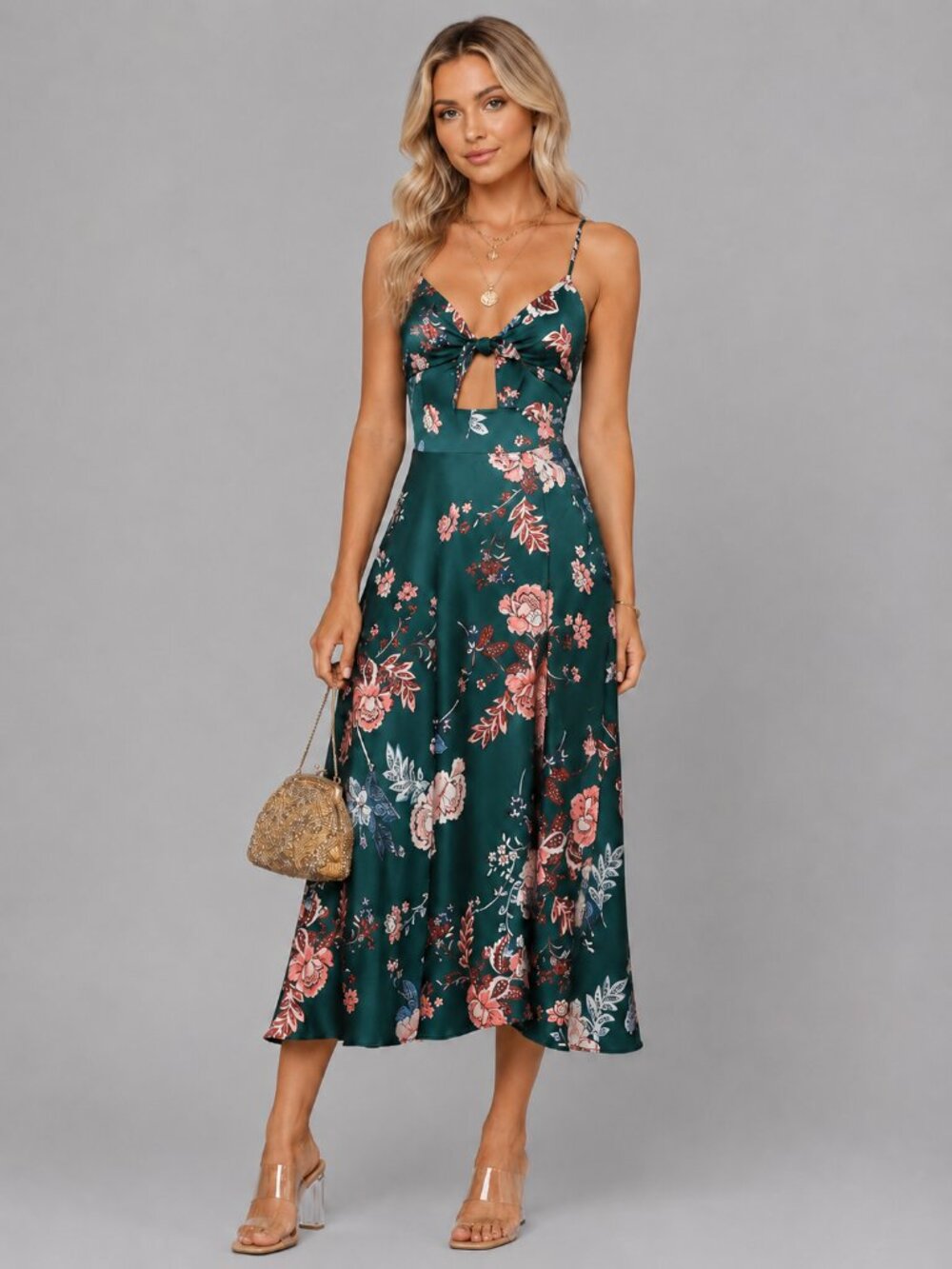 Women's Satin Floral Midi Dress Tie Front Cutout Backless Slit Spaghetti Strap